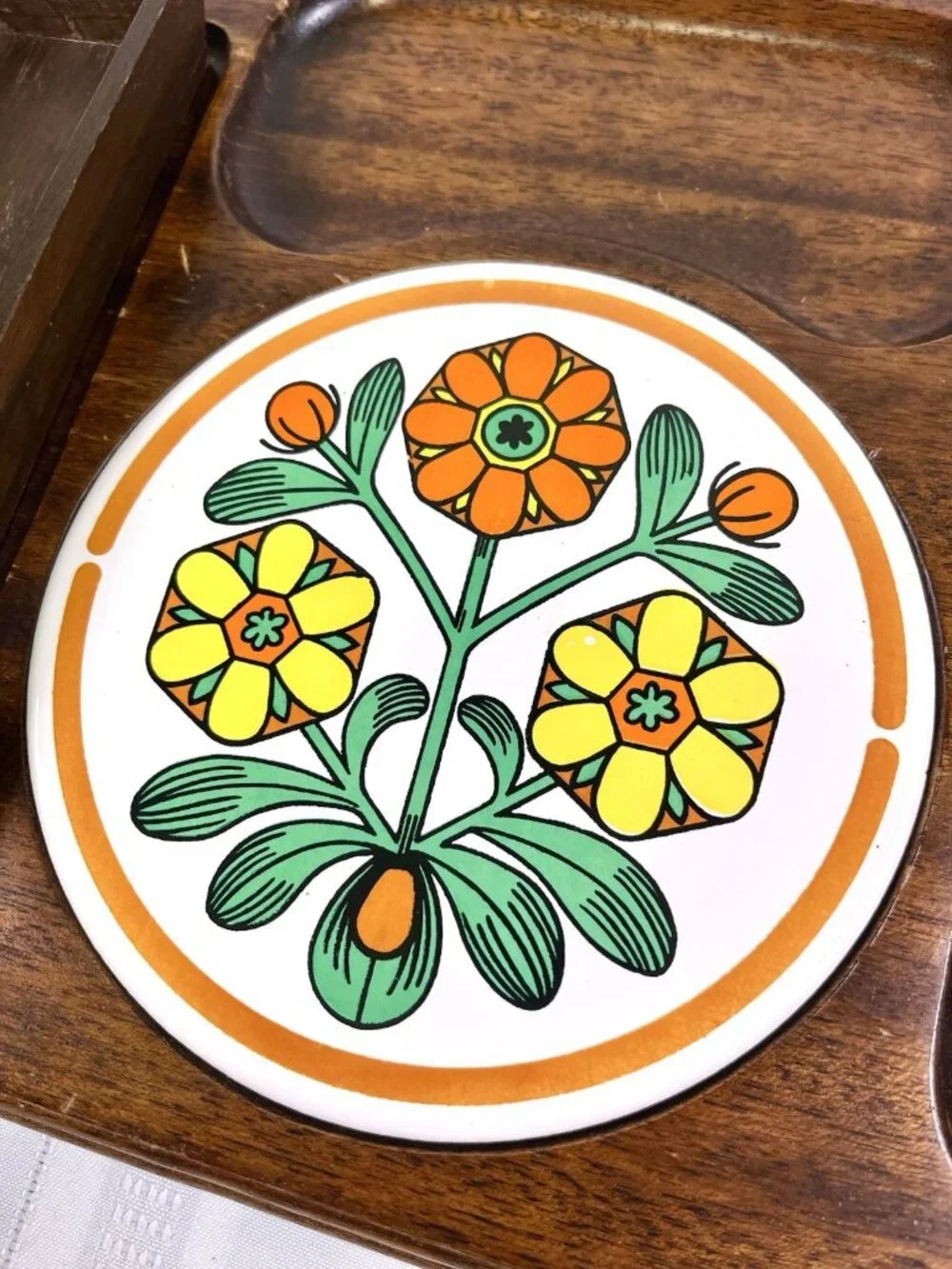 VTG 1970s Himark Septawood Cheese Board Serving MCM Retro Mod Flower Power